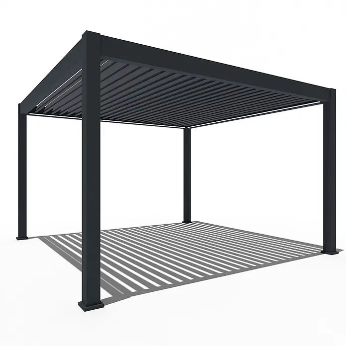 Weide Pergola E-Deluxe Plus Elektrisch freistehend Aluminium 4 x 4 m Anthrazit - B x T: 400 x 400 cm, Farbe Gestell: Sandpapier FinishAnthrazit / RAL Farbcode 7024, Aluminium - Dunkelgraue Aluminium-Pergola mit verstellbarem Lamellendach, die gestreifte Schatten wirft.
