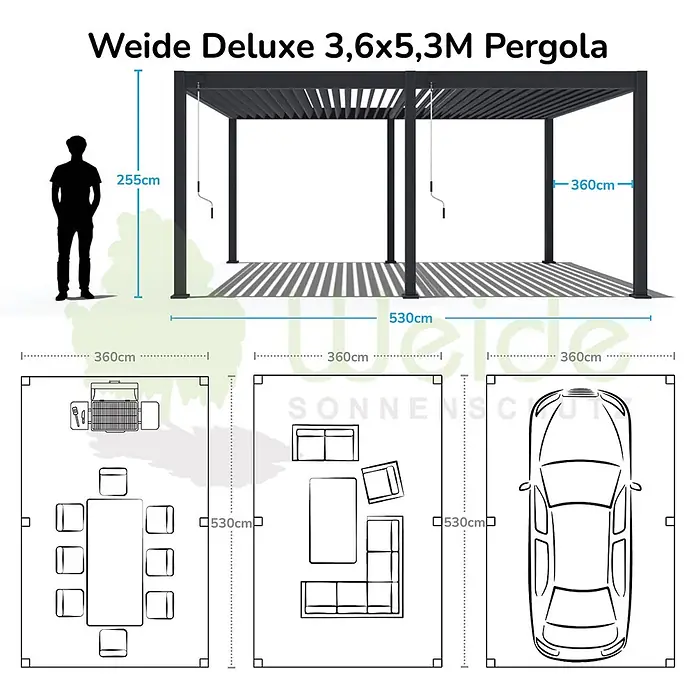 Weide Pergola E-Deluxe Elektrisch freistehend Aluminium 3,6 x 5,3 m Weiß - B x T: 530 x 360 cm, Farbe Gestell: Sandpapier FinishWeiss / RAL Farbcode 9016, Aluminium - Dunkelgraue Metallpergola mit verstellbarem Lamellendach, dargestellt mit Maßen und möglichen Anwendungen wie Essen, Entspannen und Parken.