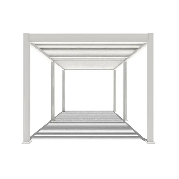 Weide Pergola E-Deluxe Elektrisch freistehend Aluminium 3 x 6 m Weiß - B x T: 600 x 300 cm, Farbe Gestell: Sandpapier FinishWeiss / RAL Farbcode 9016, Aluminium - Weiße Lamellen-Aluminium-Pergola mit Schattenwurf.
