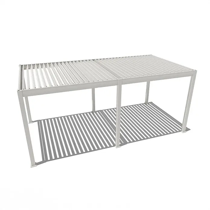 Weide Pergola E-Deluxe Elektrisch freistehend Aluminium 3 x 6 m Weiß - B x T: 600 x 300 cm, Farbe Gestell: Sandpapier FinishWeiss / RAL Farbcode 9016, Aluminium - Weiße Metallpergola mit verstellbarem Lamellendach und gestreiften Schatten.