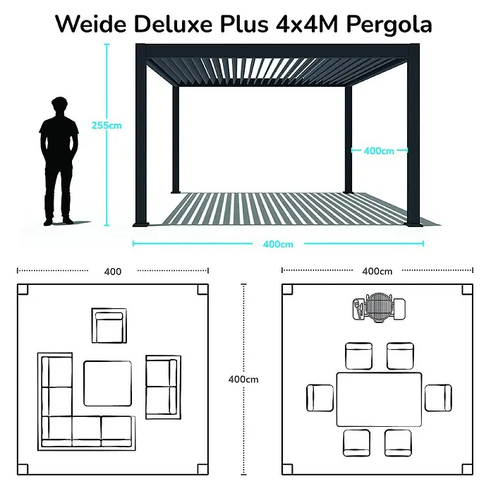 Weide Pergola Deluxe Plus freistehend Aluminium 4 x 4 m Anthrazit - B x T: 400 x 400 cm, Farbe Gestell: Sandpapier FinishAnthrazit / RAL Farbcode 7024, Aluminium - Schwarze 4x4M Weide Deluxe Plus Pergola, 255cm hoch, mit möglichen Möbelanordnungen.