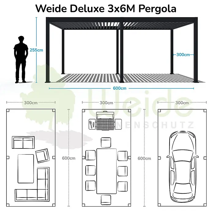 Weide Pergola E-Deluxe Elektrisch freistehend Aluminium 3 x 6 m Weiß - B x T: 600 x 300 cm, Farbe Gestell: Sandpapier FinishWeiss / RAL Farbcode 9016, Aluminium - Schwarze Weide Deluxe 3x6M Pergola mit Lamellendach, Maßen und Grundrissen für Wohnen, Essen und Auto.
