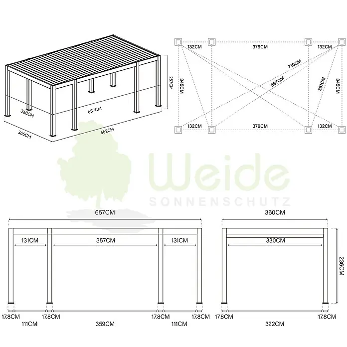 Weide Pergola Prestige freistehend Aluminium 3,6 x 6,7 m Anthrazit - B x T: 670 x 360 cm, Farbe Gestell: Sandpapier FinishAnthrazit / RAL Farbcode 7024, Aluminium - Technische Zeichnung einer rechteckigen Metallpergola mit Maßen.