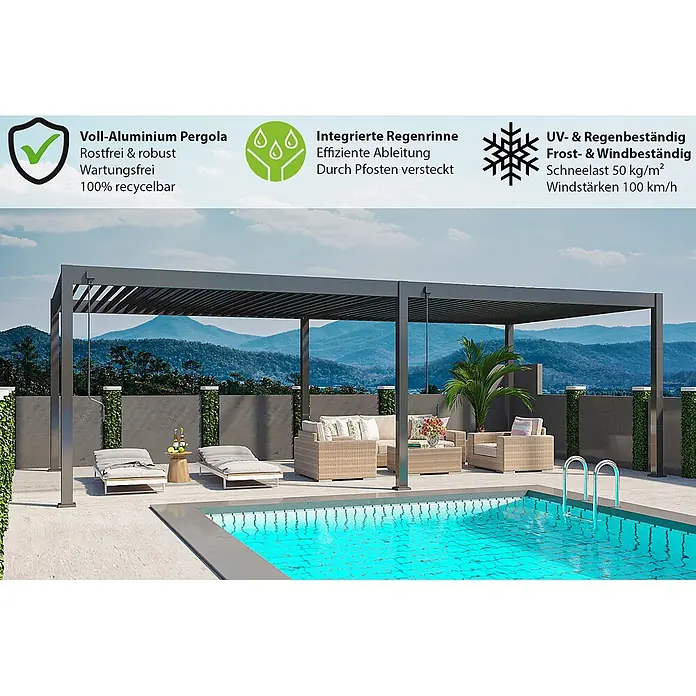 Weide Pergola Deluxe Plus freistehend Aluminium 4 x 8 m Anthrazit - B x T: 800 x 400 cm, Farbe Gestell: Sandpapier FinishAnthrazit / RAL Farbcode 7024, Aluminium - Dunkelgraue Aluminium-Pergola spendet Schatten über einer modernen Terrasse mit Pool.