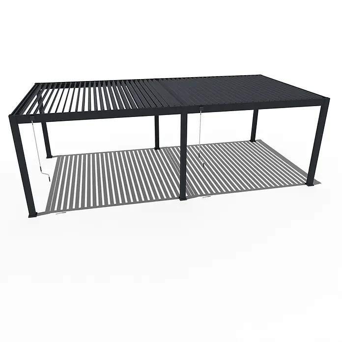 Weide Pergola Deluxe Plus freistehend Aluminium 4 x 8 m Anthrazit - B x T: 800 x 400 cm, Farbe Gestell: Sandpapier FinishAnthrazit / RAL Farbcode 7024, Aluminium - Dunkelgraue Pergola mit verstellbarem Lamellendach, teilweise geöffnet, spendet Schatten.