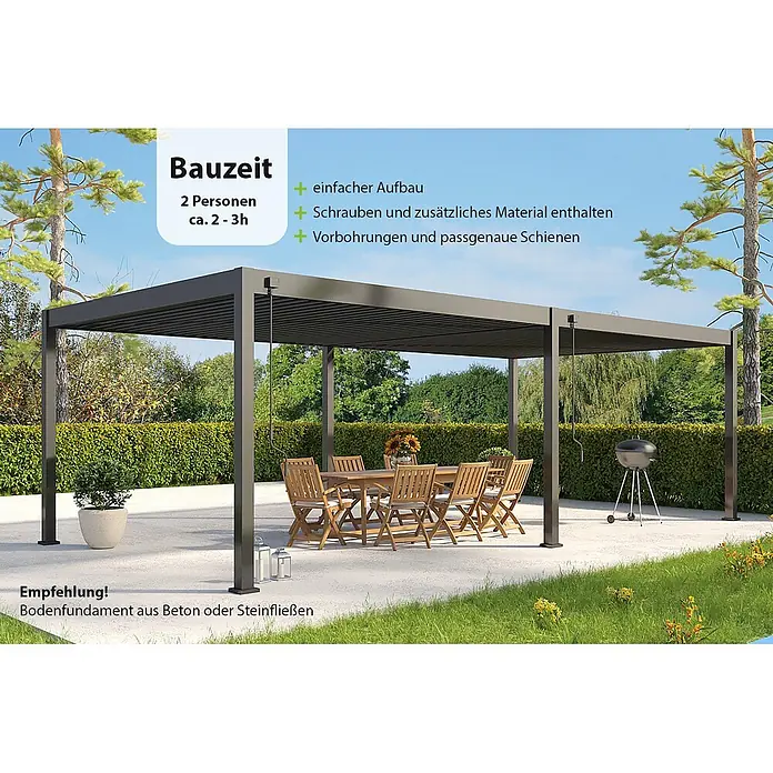 Weide Pergola Deluxe Plus freistehend Aluminium 4 x 8 m Anthrazit - B x T: 800 x 400 cm, Farbe Gestell: Sandpapier FinishAnthrazit / RAL Farbcode 7024, Aluminium - Dunkelgraue Aluminium-Pergola mit verstellbaren Lamellen über einem Terrassen-Essbereich.