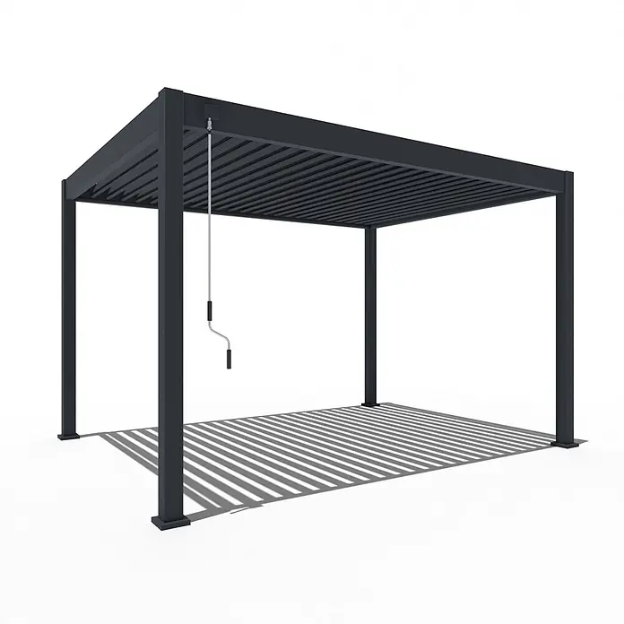 Weide Pergola Deluxe Pavillon Terrassenüberdachung Aluminium 3 x 4 M anthrazit - Farbe Gestell: Graphitgrau, Metall - Dunkelgraue Metall-Pergola mit verstellbarem Lamellendach und Handkurbel, wirft Streifenschatten.
