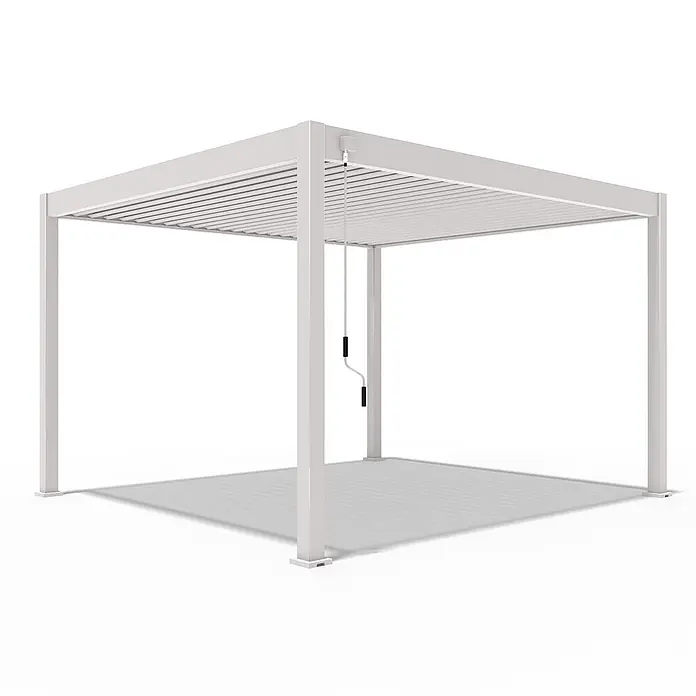 Weide Pergola Deluxe freistehend Aluminium 3,6 x 4 m Ivory-Sand - B x T: 400 x 360 cm, Farbe Gestell: Sandpapier FinishIvory Sand / RAL Farbcode 7024, Aluminium - Weiße Metallpergola mit verstellbarem Lamellendach, bedienbar über eine Kurbel.