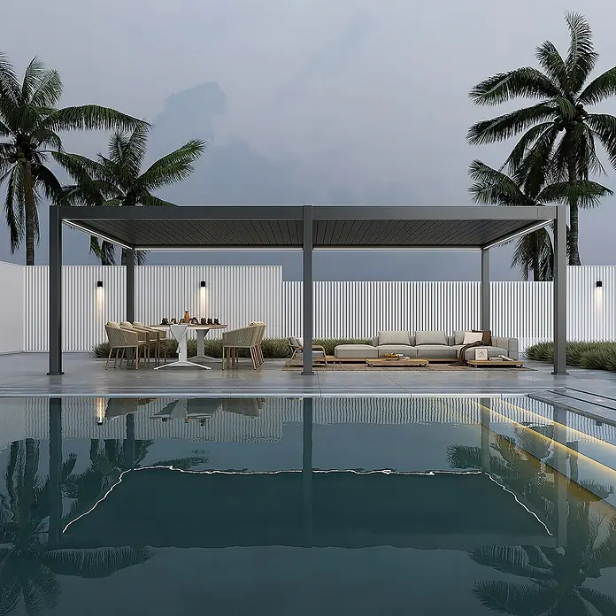 Weide Pergola E-Deluxe Plus Elektrisch freistehend Aluminium 4 x 8 m Anthrazit - B x T: 800 x 400 cm, Farbe Gestell: Sandpapier FinishAnthrazit / RAL Farbcode 7024, Aluminium - Moderne graue Metallpergola über einem Ess- und Loungebereich im Freien am Pool.