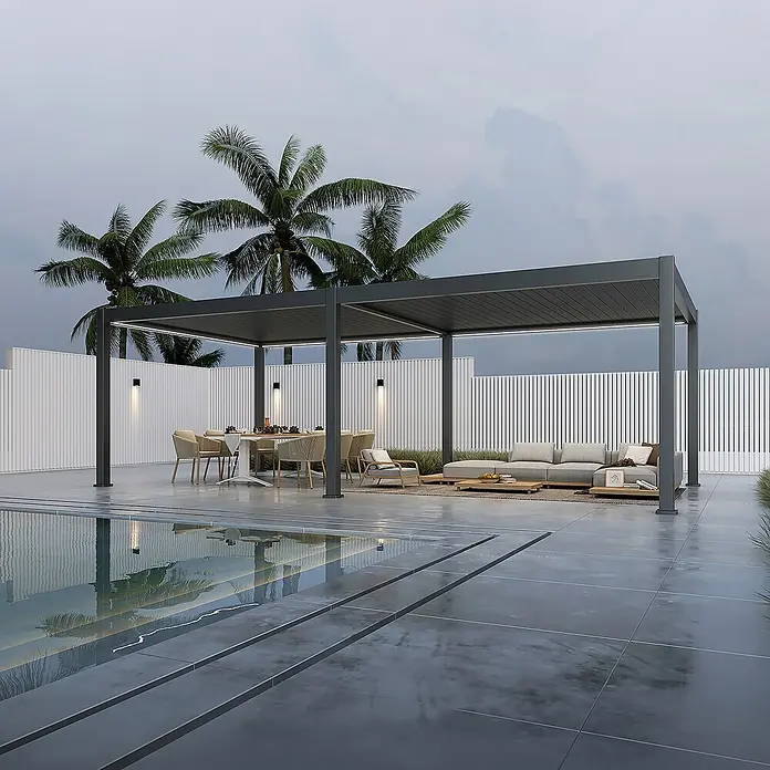 Weide Pergola E-Deluxe Plus Elektrisch freistehend Aluminium 4 x 8 m Anthrazit - B x T: 800 x 400 cm, Farbe Gestell: Sandpapier FinishAnthrazit / RAL Farbcode 7024, Aluminium - Moderne anthrazitfarbene Metall-Pergola, die einen Ess- und Loungebereich im Freien am Pool beschattet.