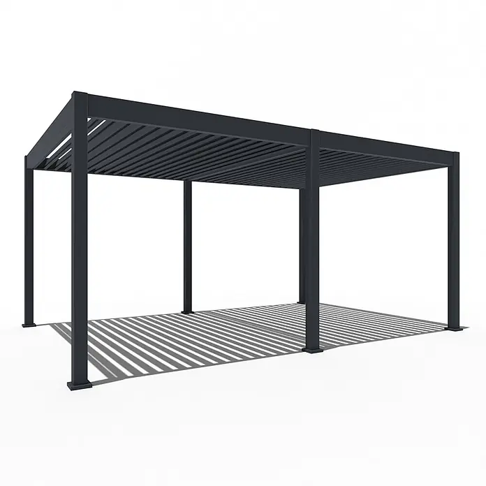 Weide Pergola Deluxe freistehend 3,6 x 5,3 m Anthrazit Aluminium - B x T: 530 x 360 cm, Farbe Gestell: Sandpapier FinishAnthrazit / RAL Farbcode 7024, Aluminium - Dunkelgraue Metall-Pergola mit Lamellendach und schrägem Abschnitt, wirft Streifenschatten.