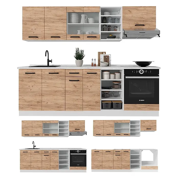 Vicco Küchenzeile R-Line Goldkraft Eiche/Weiß AP Eiche - Goldkraft Eiche, Ohne Elektrogeräte - Modulares Küchenset mit hellen Holzmaserungsschränken, weißer Arbeitsplatte, Spüle und Backofen.