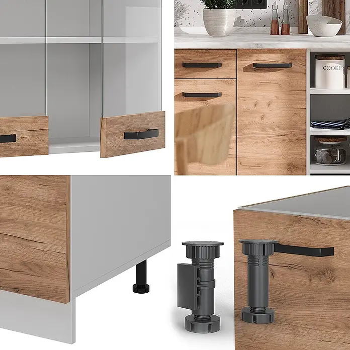 Vicco Küchenzeile R-Line Goldkraft Eiche/Weiß AP Anthrazit - Goldkraft Eiche, Ohne Elektrogeräte - Modulare Küchenschränke mit Holzoptikfronten, hellgrauen Elementen, schwarzen Griffen und verstellbaren Füßen.