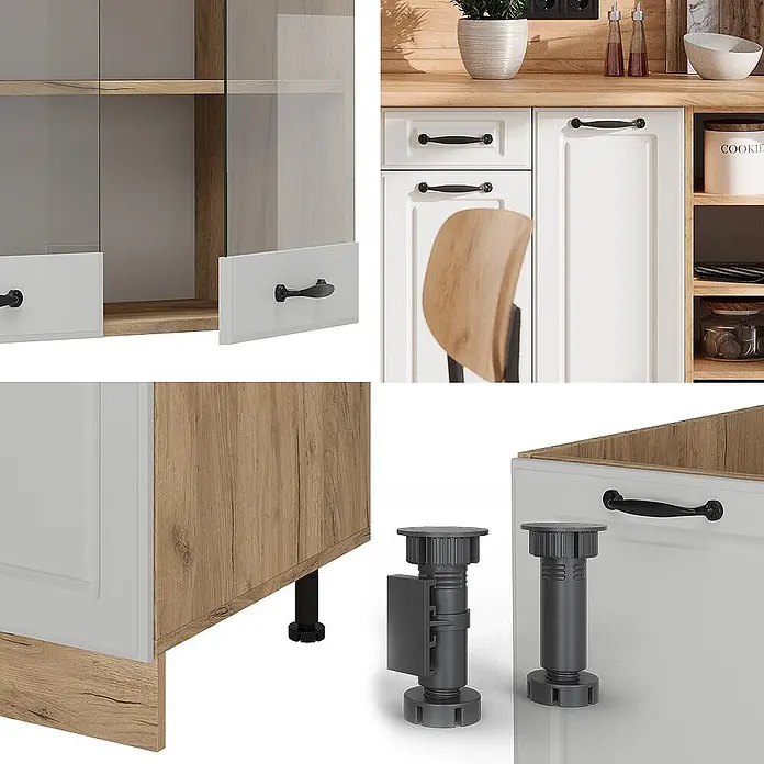 Vicco Küchenzeile R-Line Weiß Landhaus/Goldkraft Eiche, AP Eiche - Weiß Landhaus, Ohne Elektrogeräte - Weiße Küchenschranktüren und -schubladen mit schwarzen Griffen, Holzelementen und verstellbaren Sockelfüßen.