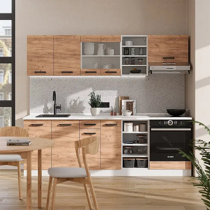 Vicco Küchenzeile R-Line Goldkraft Eiche/Weiß AP Anthrazit - Goldkraft Eiche, Ohne Elektrogeräte - Moderne Küche mit hellen Holzoptik-Schränken, weißer Arbeitsplatte und integrierten Geräten.