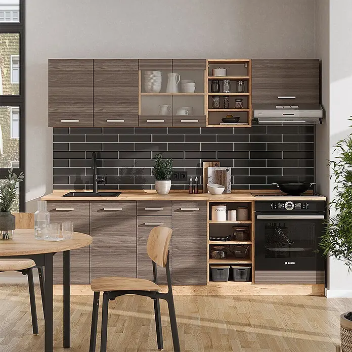 Vicco Küchenzeile R-Line Edelgrau/Goldkraft Eiche, AP Eiche - Breite: 240 cm, Edelgrau, Ohne Elektrogeräte - Moderne Modulküche mit dunklen Holzmaserungsschränken, hellen Arbeitsplatten und schwarzem Fliesenspiegel, mit integrierten Geräten und Stauraum.