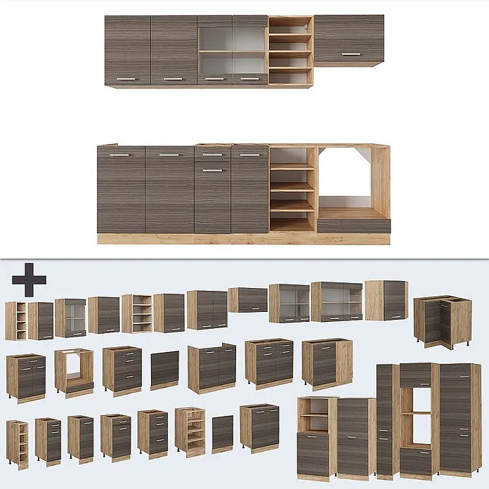 Vicco Küchenzeile R-Line Edelgrau/Goldkraft Eiche, AP Eiche - Breite: 240 cm, Edelgrau, Ohne Elektrogeräte - Modulares Küchenschrank-Set in Anthrazitholzmaserung und hellem Holz, mit verschiedenen Ober-, Unter- und Vorratsschrankoptionen.