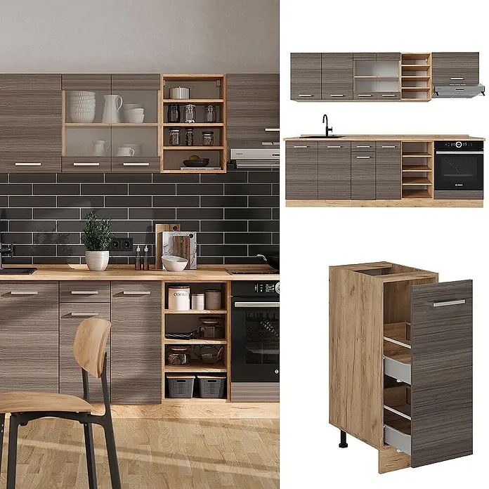 Vicco Küchenzeile R-Line Edelgrau/Goldkraft Eiche, AP Eiche - Breite: 240 cm, Edelgrau, Ohne Elektrogeräte - Moderne Küche mit dunkel gemaserten Schränken, hellen Arbeitsplatten und offenen Regalen. Spüle, Backofen und Stauraum integriert.