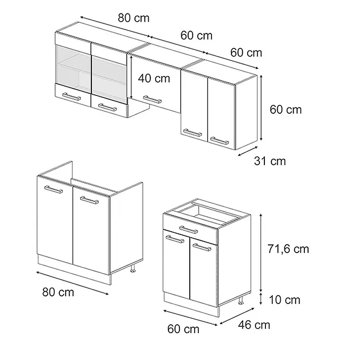 Vicco Küchenzeile R-Line Anthrazit Landhaus/Goldkraft Eiche ohne Arbeitsplatte - Anthrazit Landhaus, Ohne Elektrogeräte - Strichzeichnung von modularen Küchenschränken, mit Ober- (teilweise mit Glastüren) und Unterschränken (inkl. Spülunterschrank), bemaßt.