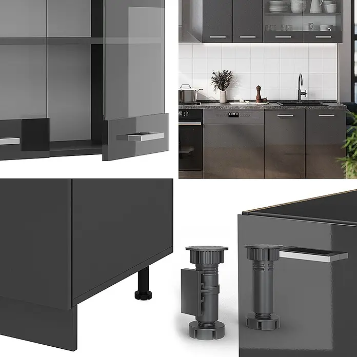 Vicco Küchenzeile R-Line Anthrazit Hochglanz/Anthrazit, AP Anthrazit - Breite: 300 cm, Anthrazit Hochglanz, Ohne Elektrogeräte - Moderne dunkelgraue Hochglanz-Küchenschränke mit Glastüren, integrierten Griffen und verstellbaren Nivellierfüßen.