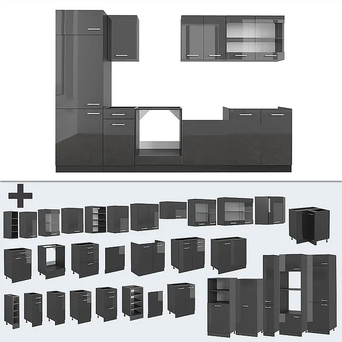 Vicco Küchenzeile R-Line Anthrazit Hochglanz/Anthrazit, AP Anthrazit - Breite: 300 cm, Anthrazit Hochglanz, Ohne Elektrogeräte - Glänzendes dunkelgraues modulares Küchenschrank-Set mit Unter-, Wand- und Hochschränken für flexible Küchenkonfigurationen.