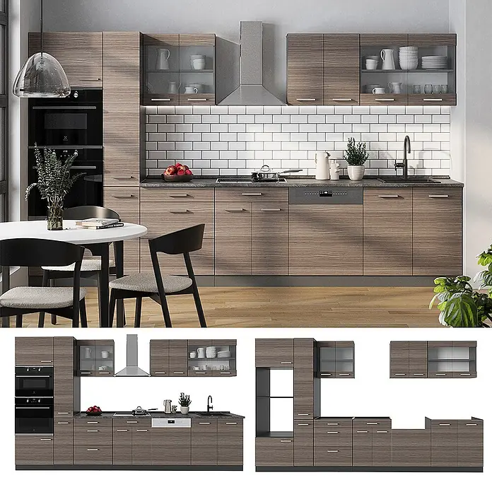 Vicco Küchenzeile R-Line Edelgrau/Anthrazit, AP Marmor - Breite: 350 cm, Edelgrau, Ohne Elektrogeräte - Modulares Küchensystem mit Holzdekor-Schränken, dunkelgrauen Arbeitsplatten und integrierten Geräten. Mehrere Konfigurationen gezeigt.