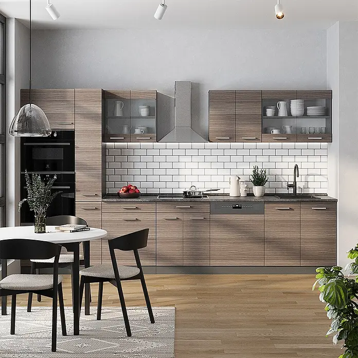 Vicco Küchenzeile R-Line Edelgrau/Anthrazit, AP Marmor - Breite: 350 cm, Edelgrau, Ohne Elektrogeräte - Moderne Küche mit Holzoptikschränken, integrierten Geräten und einem Esstisch.