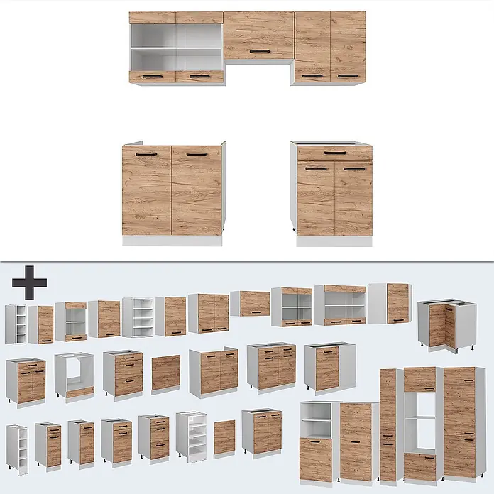 Vicco Küchenzeile R-Line Goldkraft Eiche/Weiß AP Anthrazit - Goldkraft Eiche, Ohne Elektrogeräte - Modulare Küchenschränke in heller Holzmaserung und Weiß, zeigen verschiedene Schranktypen.