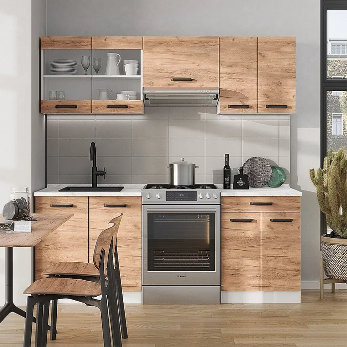 Vicco Küchenzeile R-Line Goldkraft Eiche/Weiß AP Anthrazit - Goldkraft Eiche, Ohne Elektrogeräte - Moderne Küche mit hellen Holzmaserungsschränken, schwarzen Griffen, schwarzem Spülbecken und Edelstahlherd mit Dunstabzugshaube. Mit offenen und geschlossenen Regalen.