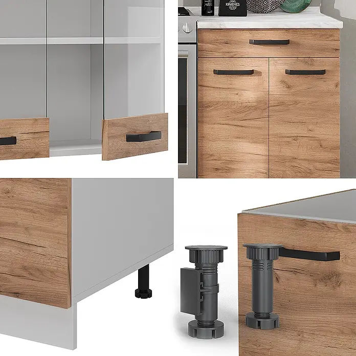 Vicco Küchenzeile R-Line Goldkraft Eiche/Weiß AP Anthrazit - Goldkraft Eiche, Ohne Elektrogeräte - Modulare Küchenschränke mit hellen Holzfronten, schwarzen Griffen und verstellbaren grauen Kunststofffüßen.