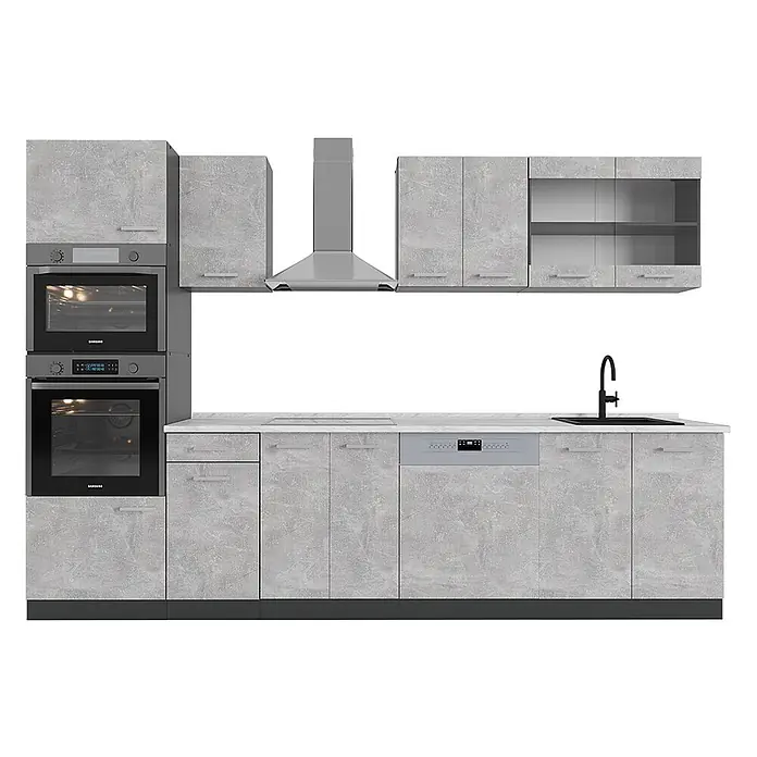 Vicco Küchenzeile R-Line Beton/Anthrazit mit Hochschrank, AP Marmor - Breite: 300 cm, Beton, Ohne Elektrogeräte - Moderne Einbauküche in Betonoptik Grau mit weißer Arbeitsplatte, integrierten Öfen, Kochfeld, Geschirrspüler, Spüle und Dunstabzugshaube.