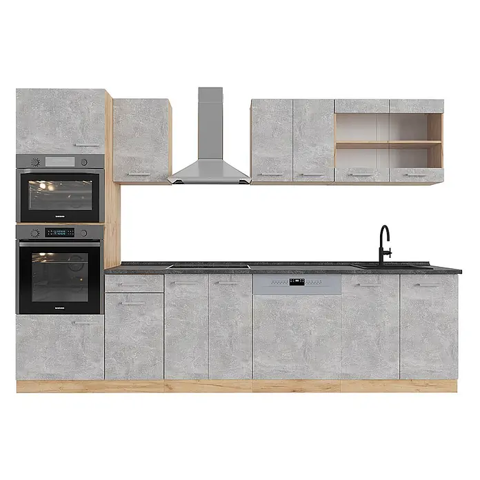 Vicco Küchenzeile R-Line Beton/Goldkraft Eiche mit Hochschrank, AP Anthrazit - Breite: 300 cm, Beton, Ohne Elektrogeräte - Moderne Küche: graue Texturschränke, dunkle Arbeitsplatte, Holzdetails, integrierte Öfen, Geschirrspüler, Spüle und Dunstabzugshaube.