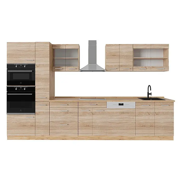 Vicco Küchenzeile R-Line Sonoma/Goldkraft Eiche ohne Arbeitsplatte - Sonoma, Ohne Elektrogeräte - Helle Holzküche mit schwarzen Einbaugeräten, schwarzem Waschbecken und silberner Dunstabzugshaube.