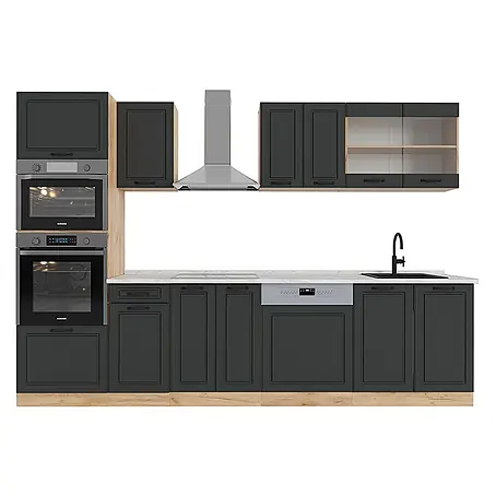Vicco  Küchenzeile R-Line Anthrazit Landhaus/Goldkraft Eiche mit Hochschrank, AP Marmor