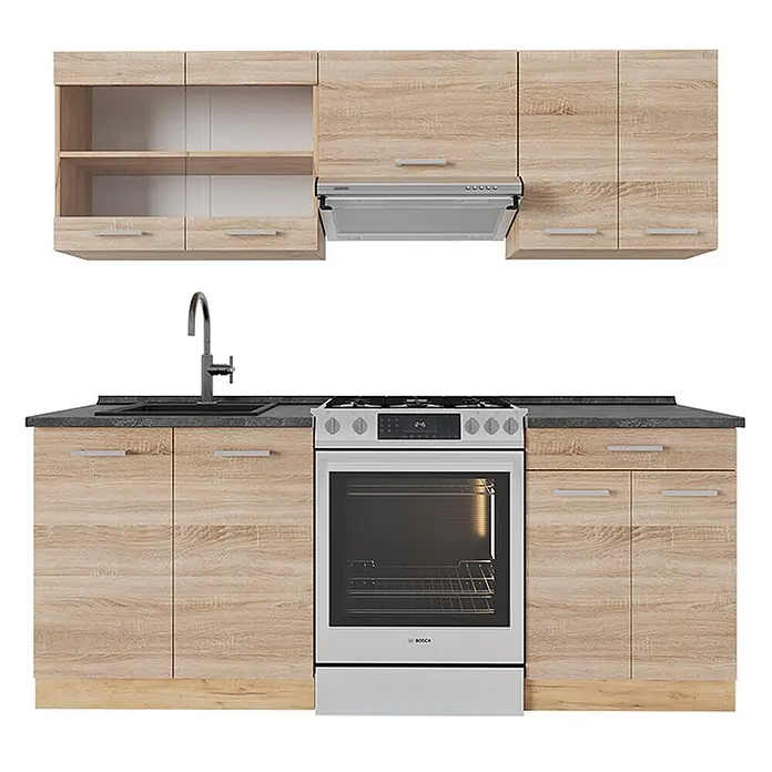 Vicco Küchenzeile R-Line Sonoma/Goldkraft Eiche, AP Anthrazit - Breite: 200 cm, Sonoma, Ohne Elektrogeräte - Modulare Küchenzeile mit hellen Holz-Optik-Schränken, dunkler Arbeitsplatte, Spüle, Herd und Dunstabzugshaube.