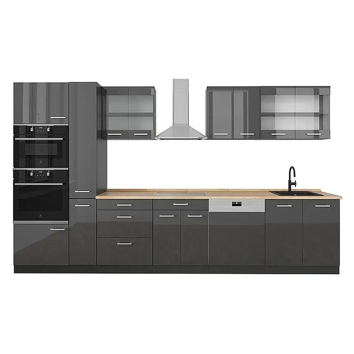 Vicco Küchenzeile R-Line Anthrazit Hochglanz/Anthrazit, AP Eiche - Breite: 350 cm, Anthrazit Hochglanz, Ohne Elektrogeräte - Moderne, dunkelgraue Hochglanzküche mit Holztheke, integrierten Öfen, Kochfeld, Spüle und Geschirrspüler.