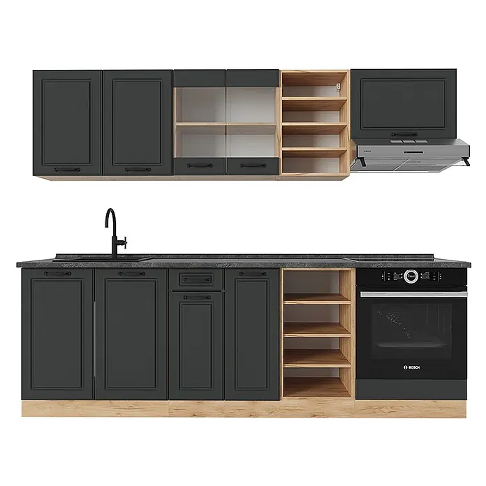 Vicco Küchenzeile R-Line Anthrazit Landhaus/Goldkraft Eiche, AP Anthrazit - Breite: 240 cm, Anthrazit Landhaus, Ohne Elektrogeräte - Dunkelgraue Küchenschränke mit heller Holzsockelleiste und offenen Regalen, inklusive Spüle, Backofen und Dunstabzugshaube.