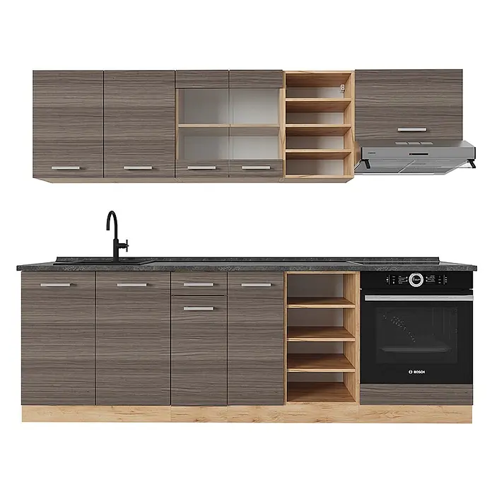 Vicco Küchenzeile R-Line Edelgrau/Goldkraft Eiche, AP Anthrazit - Breite: 240 cm, Edelgrau, Ohne Elektrogeräte - Moderne Küchenzeile mit dunklen Holzoptik-Schränken, dunkler Arbeitsplatte, Ofen, Spüle und Dunstabzugshaube.