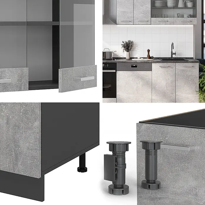 Vicco Küchenzeile R-Line Beton/Anthrazit, AP Eiche - Breite: 300 cm, Beton, Ohne Elektrogeräte - Moderne Küchenschränke mit Betonoptik und dunkelgrauen Details, inklusive verstellbarer Füße und eleganter Griffe.
