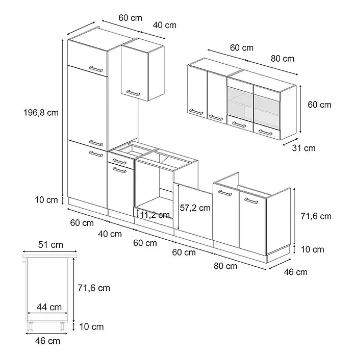 Vicco Küchenzeile R-Line Beton/Anthrazit, AP Eiche - Breite: 300 cm, Beton, Ohne Elektrogeräte - Strichzeichnung eines modularen Küchenschranksystems und eines Einzelmöbels mit Bemaßungen.