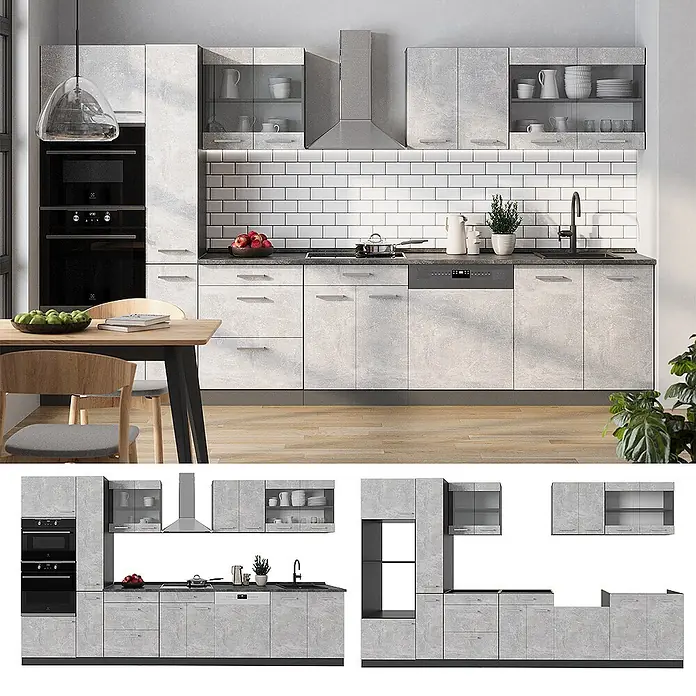 Vicco Küchenzeile R-Line Beton/Anthrazit, AP Anthrazit - Breite: 350 cm, Beton, Ohne Elektrogeräte - Moderne Modulküche in hellgrauer Betonoptik mit integrierten Geräten.