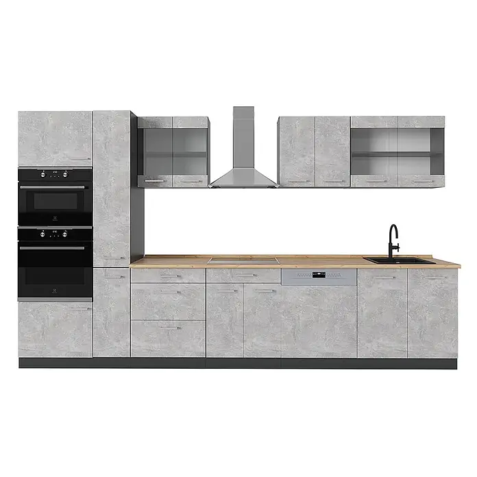 Vicco Küchenzeile R-Line Beton/Anthrazit, AP Eiche - Breite: 350 cm, Beton, Ohne Elektrogeräte - Moderne Küchenzeile mit grauen Betonoptik-Schränken, Holzplatte und integrierten Öfen, Kochfeld, Spülmaschine, Spüle, Dunstabzugshaube.