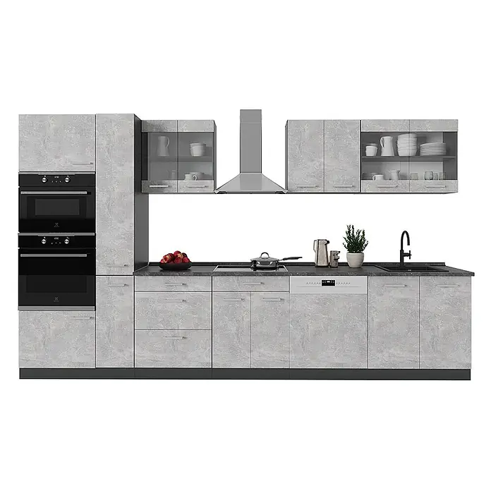 Vicco Küchenzeile R-Line Beton/Anthrazit, AP Anthrazit - Breite: 350 cm, Beton, Ohne Elektrogeräte - Moderne, hellgraue Küche in Betonoptik mit schwarzen Arbeitsplatten, integrierten Öfen, Kochfeld, Spüle und Geschirrspüler.