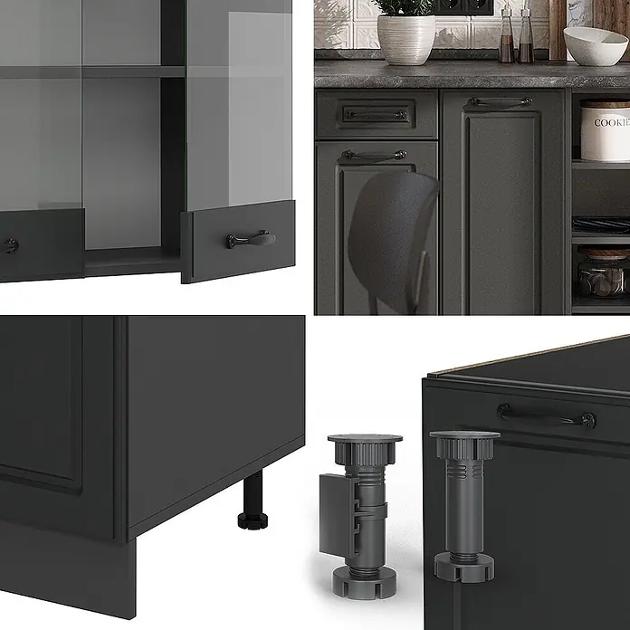 Vicco Küchenzeile R-Line Anthrazit Landhaus/Anthrazit, AP Eiche - Anthrazit Landhaus, Ohne Elektrogeräte - Dunkelgraue Küchenschränke mit Glastüren, klassischen Griffen und verstellbaren Sockelfüßen.