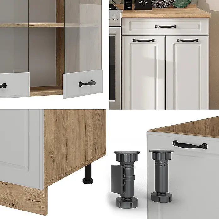 Vicco Küchenzeile R-Line Weiß Landhaus/Goldkraft Eiche, AP Eiche - Weiß Landhaus, Ohne Elektrogeräte - Modulare Küchenschrankkomponenten mit weißen Fronten, hellem Holz, schwarzen Griffen und verstellbaren Möbelfüßen.