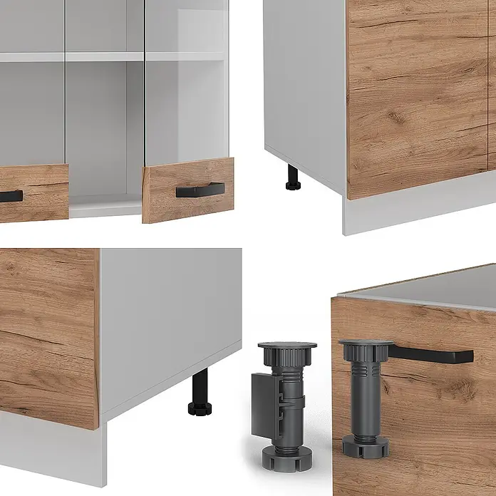 Vicco Küchenzeile R-Line Goldkraft Eiche/Weiß AP Marmor - Goldkraft Eiche, Ohne Elektrogeräte - Weiße und holzfarbene Schranksysteme mit schwarzen Griffen und dunkelgrauen, verstellbaren Möbelfüßen.
