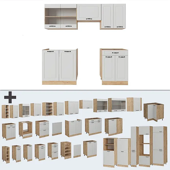 Vicco Küchenzeile R-Line Weiß Landhaus/Goldkraft Eiche, AP Eiche - Weiß Landhaus, Ohne Elektrogeräte - Modulares Küchenschranksystem mit weißen Fronten, hellen Holzrahmen und schwarzen Griffen, zeigt verschiedene Einheiten.
