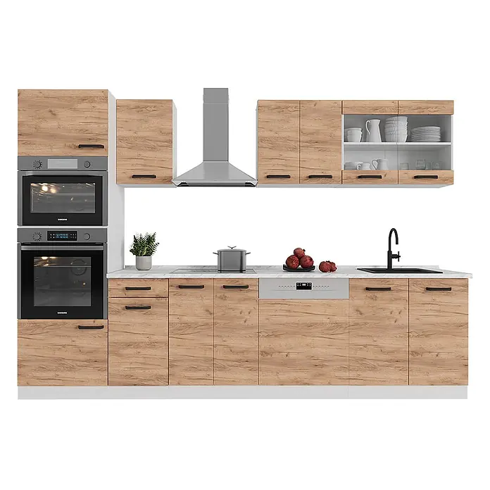 Vicco Küchenzeile R-Line Goldkraft Eiche/Weiß AP Marmor - Goldkraft Eiche, Ohne Elektrogeräte - Helle Holzküche mit schwarzen Griffen, weißer Arbeitsplatte und integrierten Geräten wie Öfen, Kochfeld, Geschirrspüler und Spüle.