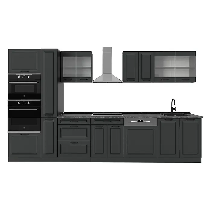 Vicco Küchenzeile R-Line Anthrazit Landhaus/Anthrazit, AP Anthrazit - Breite: 350 cm, Anthrazit Landhaus, Ohne Elektrogeräte - Dunkelgraue L-Küche mit Shaker-Schränken, integrierten Öfen, Mikrowelle, Kochfeld, Spüle, Geschirrspüler und Dunstabzug.