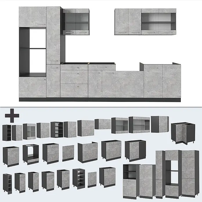 Vicco Küchenzeile R-Line Beton/Anthrazit, AP Eiche - Breite: 350 cm, Beton, Ohne Elektrogeräte - Modulares Küchenschrank-Set in hellem Steingrau mit dunkelgrauen Akzenten. Enthält Unter-, Ober- und Hochschränke.